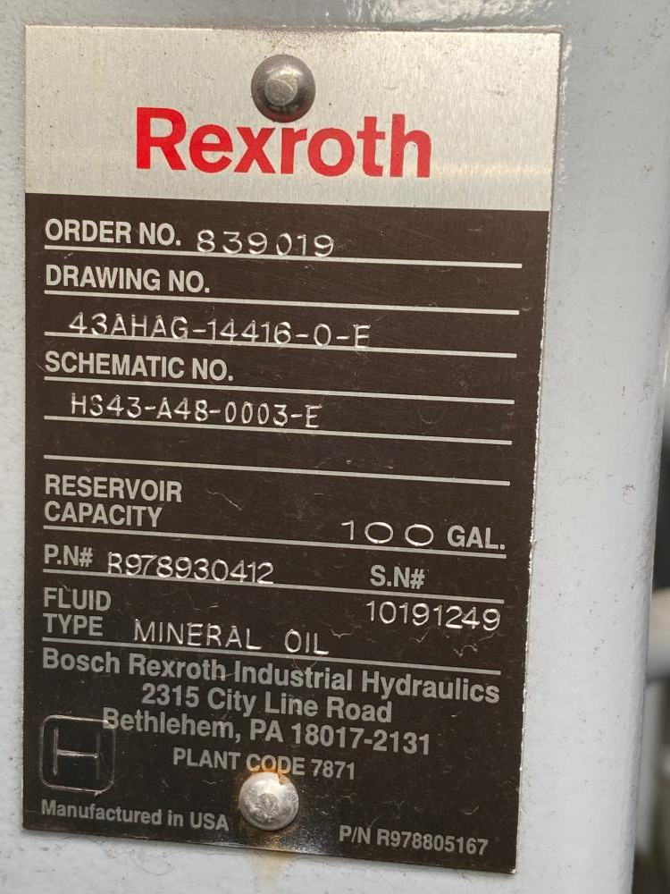 Bosch Rexroth 100-Gallon Hydraulic Power Unit Reservoir 43AHAG-14416-O-E, HS43